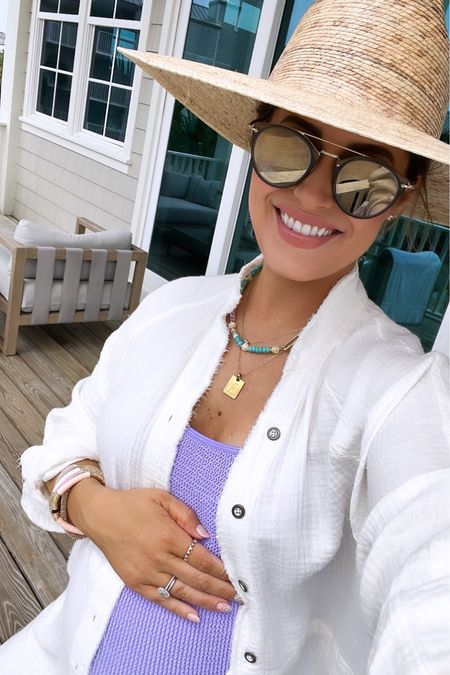 Swimsuit one size- splurge, but great for maternity! Very stretchy & comfy! Wearing xs in coverup button down, gold necklace linked (ALEXA20 for 20% off), beaded necklace linked, bracelets discount ALEXA15 // hat is super flattering & looks great on everyone, sunglasses linked // 

#LTKsalealert #LTKbump #LTKswim