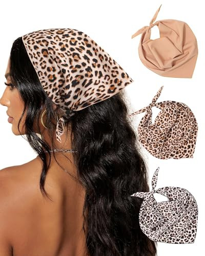 AWAYTR 3Pcs Hair Bandanas Head Kerchief for Women Girls Tie-Back Boho Hair Scarf Headband Bandana Triangle Head Scarf (Beige Leopard + Yellow Leopard + Brown) | Amazon (US)