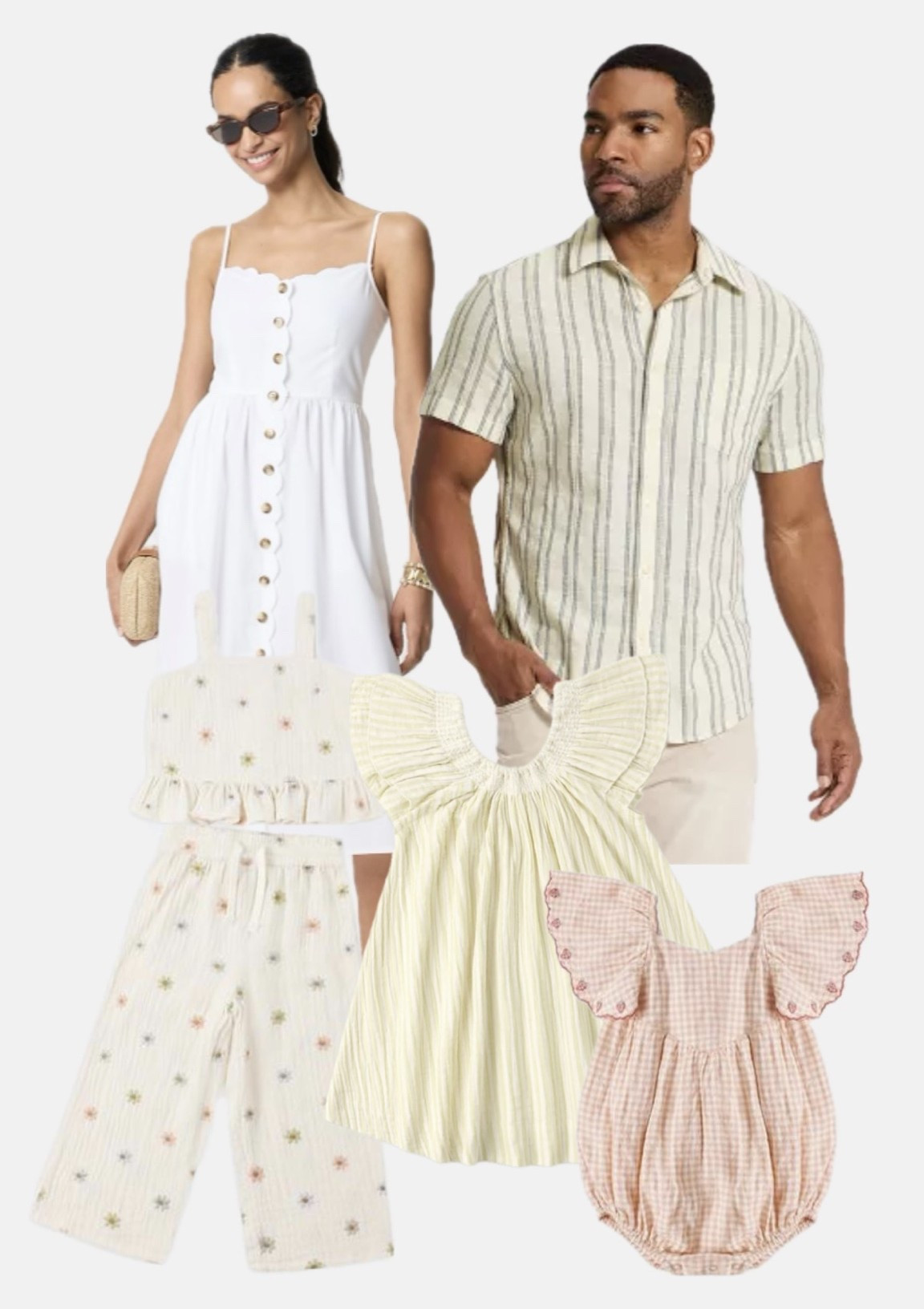 Summer family photo outfit inspiration and palette. Light and airy prints: floral, stripe and gingham. Plus I love the scallop detail on the white dress for mom

#LTKKids #LTKmomlife #LTKMens