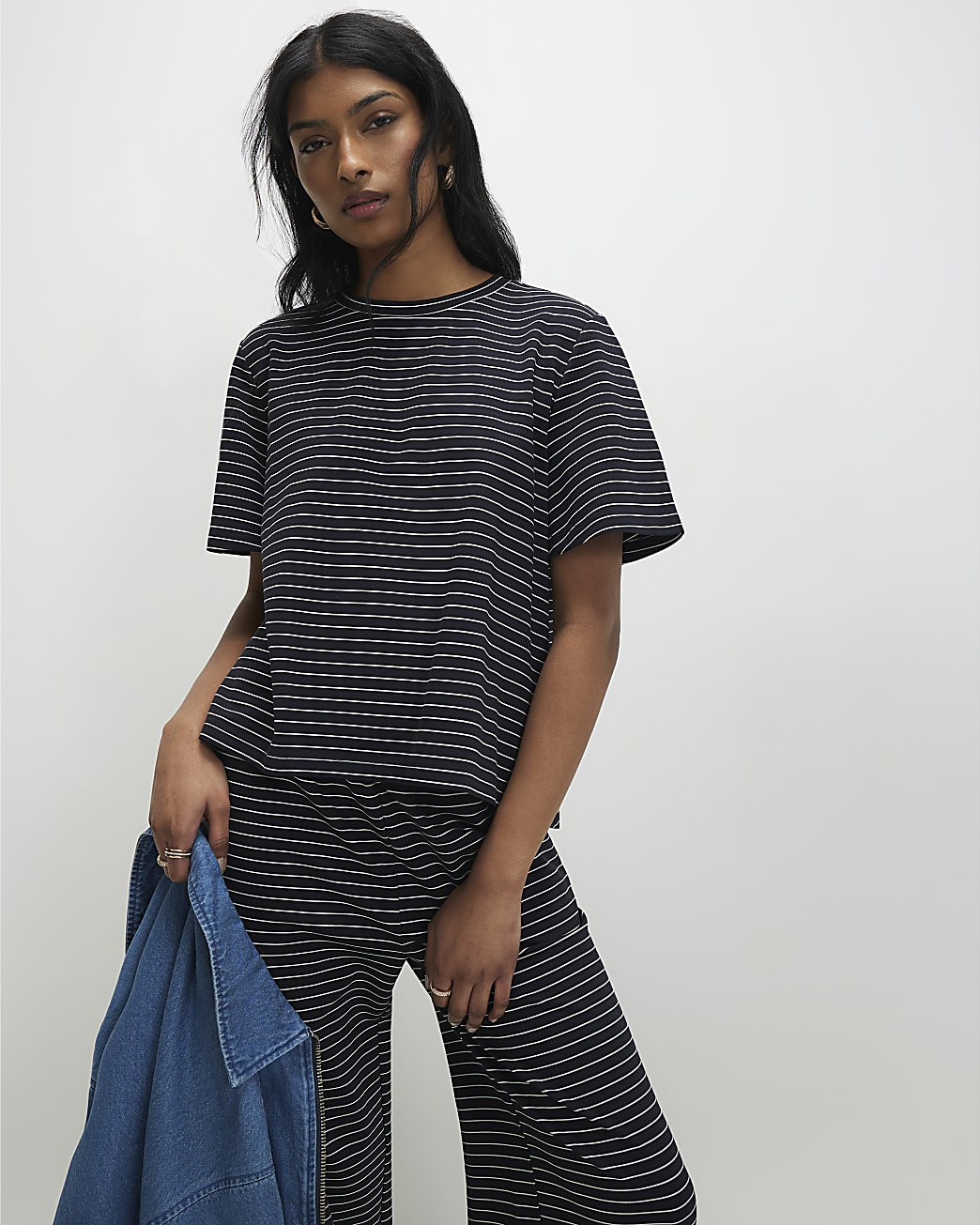 Navy Short Sleeve Striped Top | River Island UK & IE