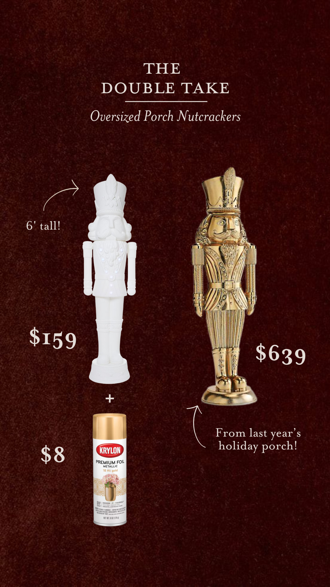The Double Take: Oversized Porch Nutcrackers 🎄🎅🏼 🎁 

These Frontgate nutcrackers were the star of our holiday front porch last year. You can get the same look for less with these paintable nutcrackers and some gold spray paint. 

 

#LTKHoliday #LTKSeasonal #LTKStyleTip