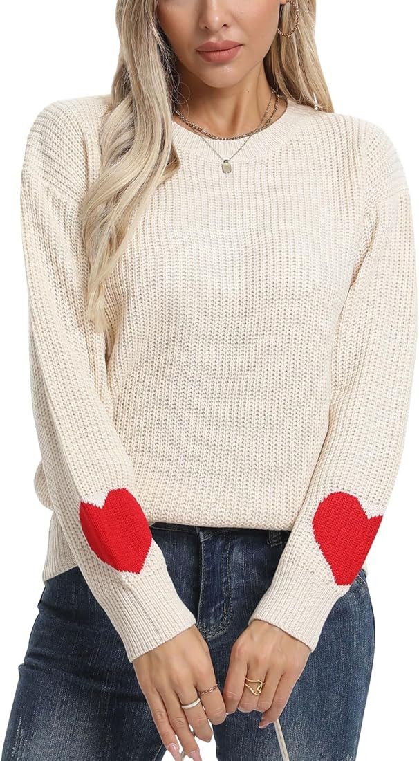 shermie Women's Cute Heart Pattern Elbow Patchwork Knitted Sweaters Long Sleeve Crew Neck Casual ... | Amazon (US)