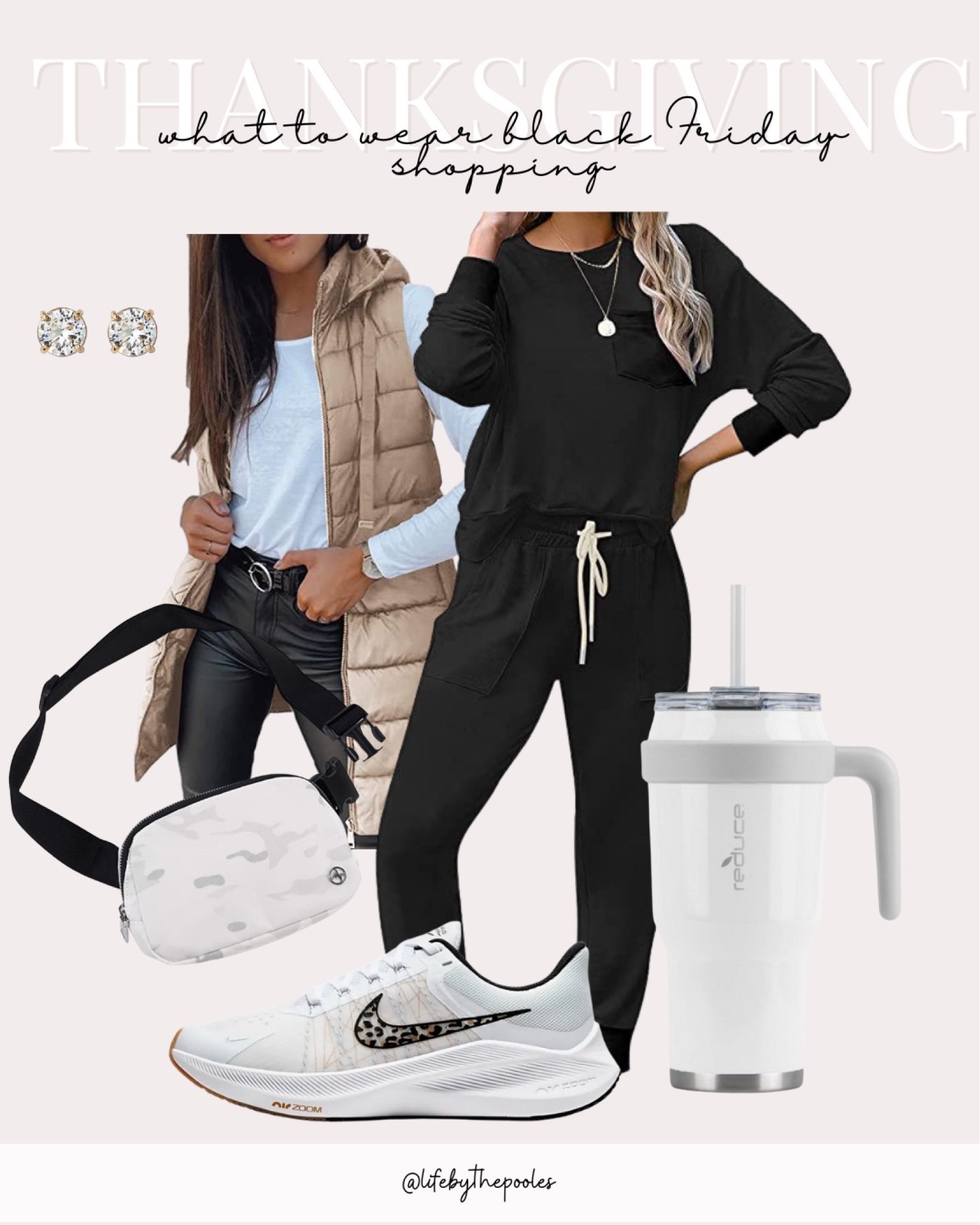 What to wear Black Friday shopping on Thanksgiving, comfy thanksgiving day outfit, casual, Black Friday outfit, jogger set, puffer vest, Nike shoes, lululemon dupe, Stanley cup dupe 
#thanksgiving #blackfriday #casualoutfit #Ltkunder100 #

#LTKHoliday #LTKstyletip #LTKfit