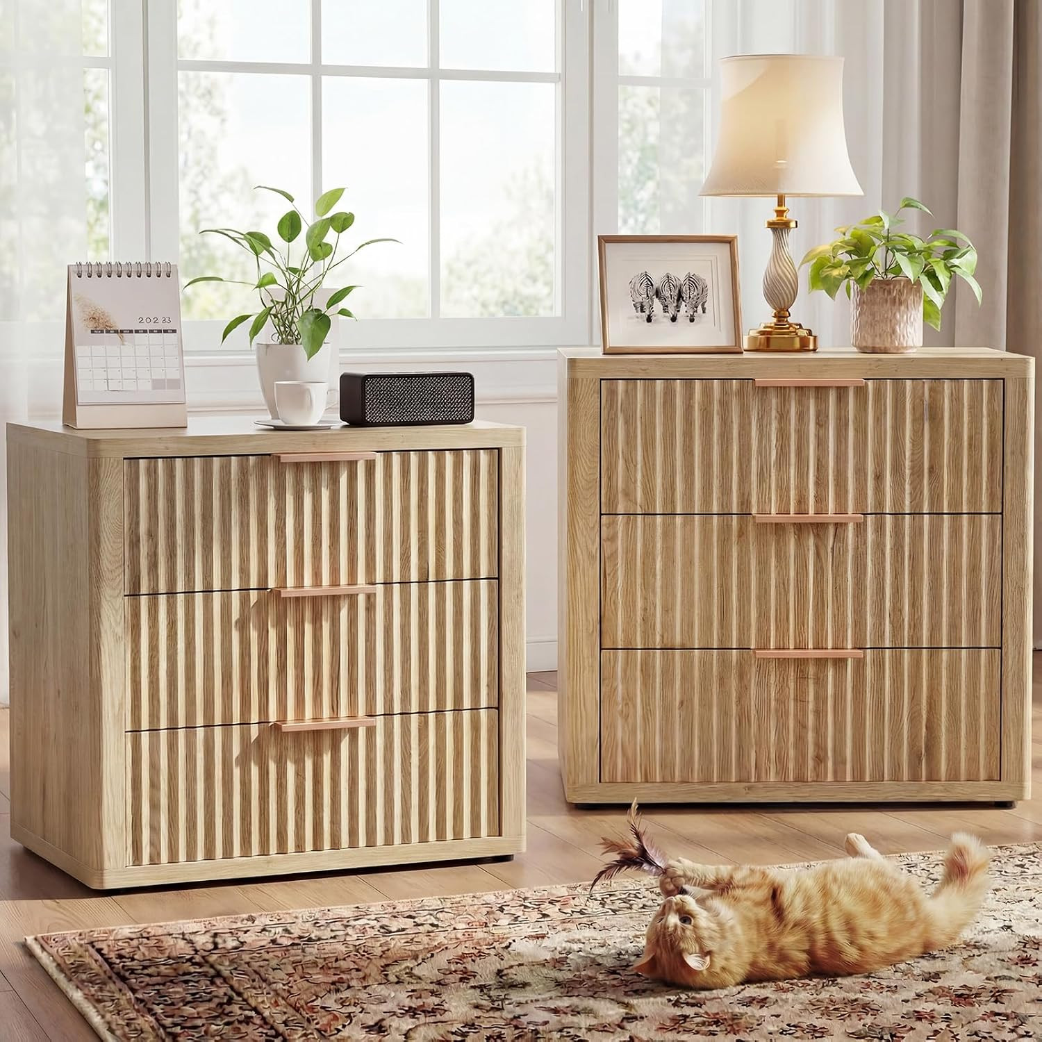 Fluted Nightstand with 3 Drawers, Nightstands Set of 2, Natural | Amazon (US)