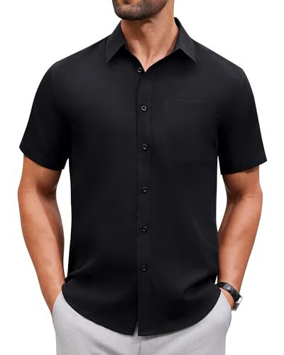 Alimens & Gentle Mens Short Sleeve Dress Shirt Wrinkle Free Solid Casual Button Down Shirts for Summer Business Wedding,Black,L | Amazon (US)