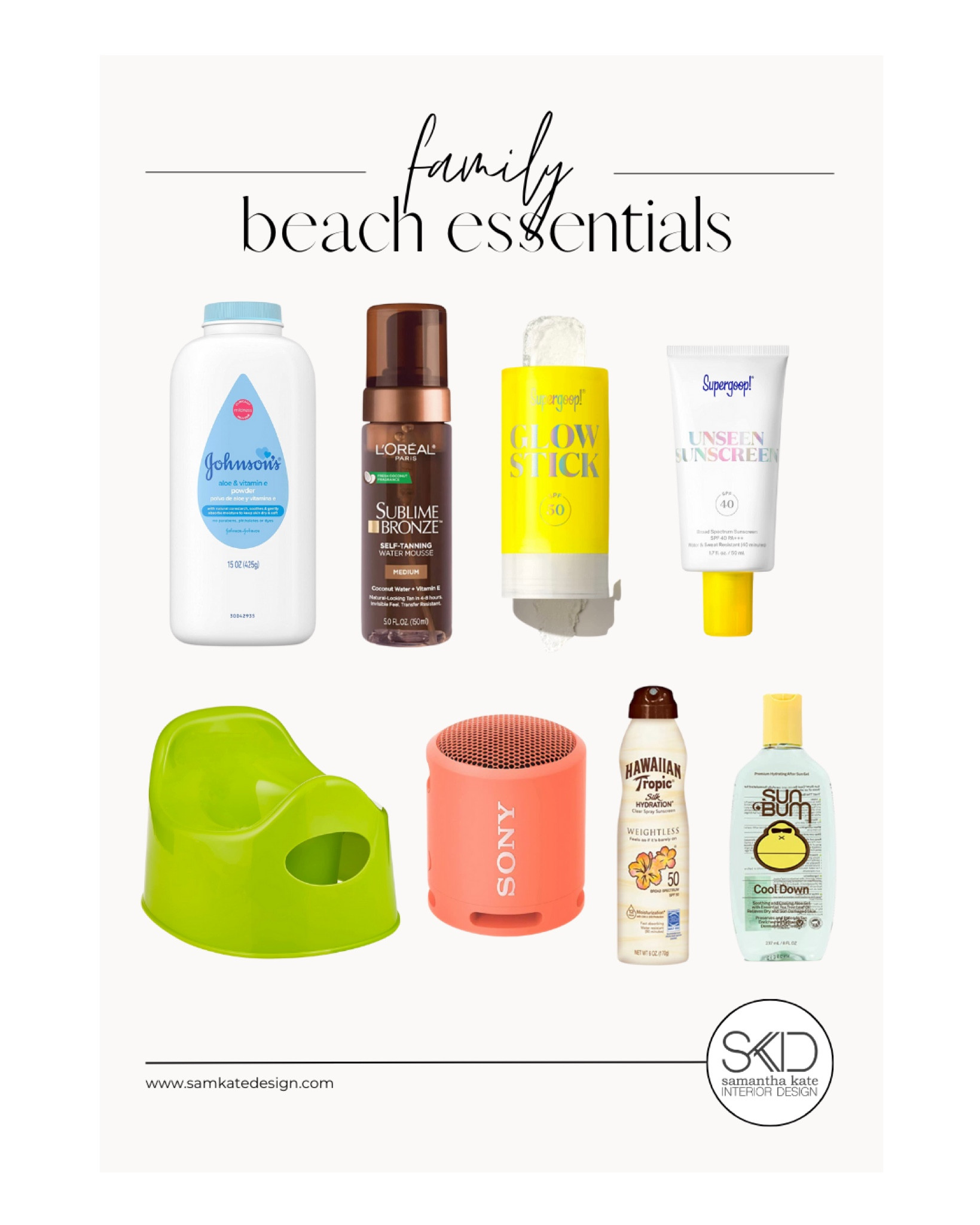 Beach season is upon us, if you’re headed outdoors, make sure to grab these must haves for fun in the sand. Baby powder helps to dry and remove sand from our bodies before heading home. Young travelers will be saved by a portable potty for non-stop fun. This glow stick for faces makes for easy reapplication for littles and grownups alike. Spray sunscreen to reapply on the run and aloe Vera just in case  

#LTKtravel #LTKSeasonal #LTKbeauty