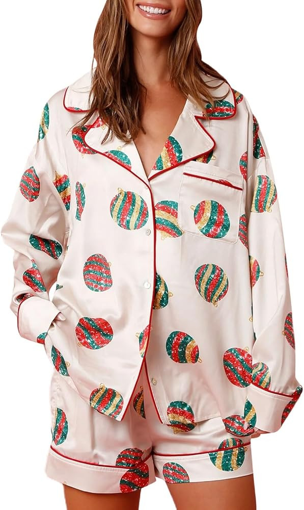 NUFIWI Women Christmas Pajamas Pjs Set Cute Santa Colorful Pj Long Sleeve Shirt Lounge Shorts 2 P... | Amazon (US)