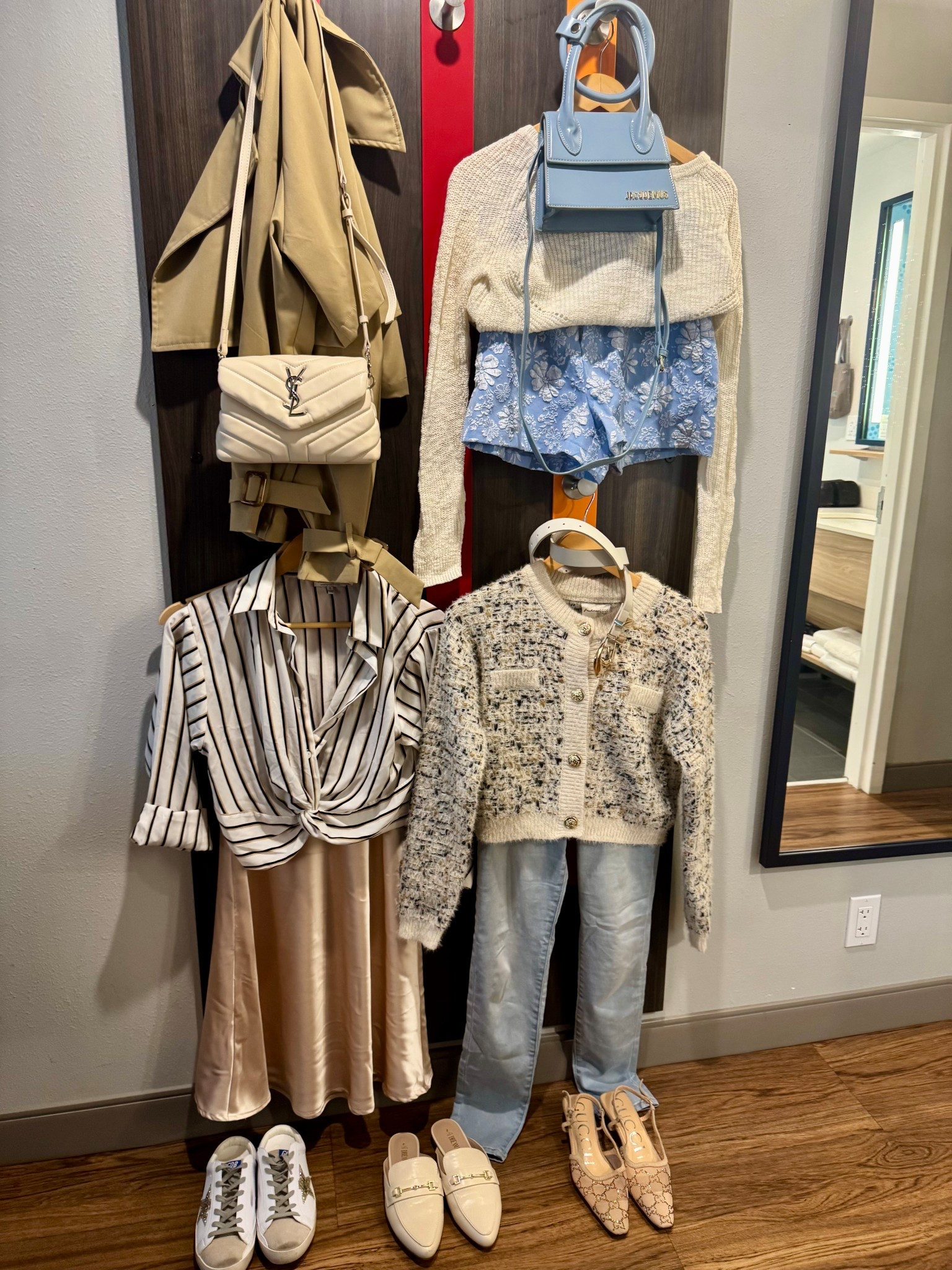 Florida outfits. Jeans. Chanel inspired sweater. Satin maxi skirt. Golden goose. Gucci. Ysl. Cropped trench. Embroidered shorts. Gold and white belt 

#LTKFindsUnder50 #LTKStyleTip #LTKWorkwear