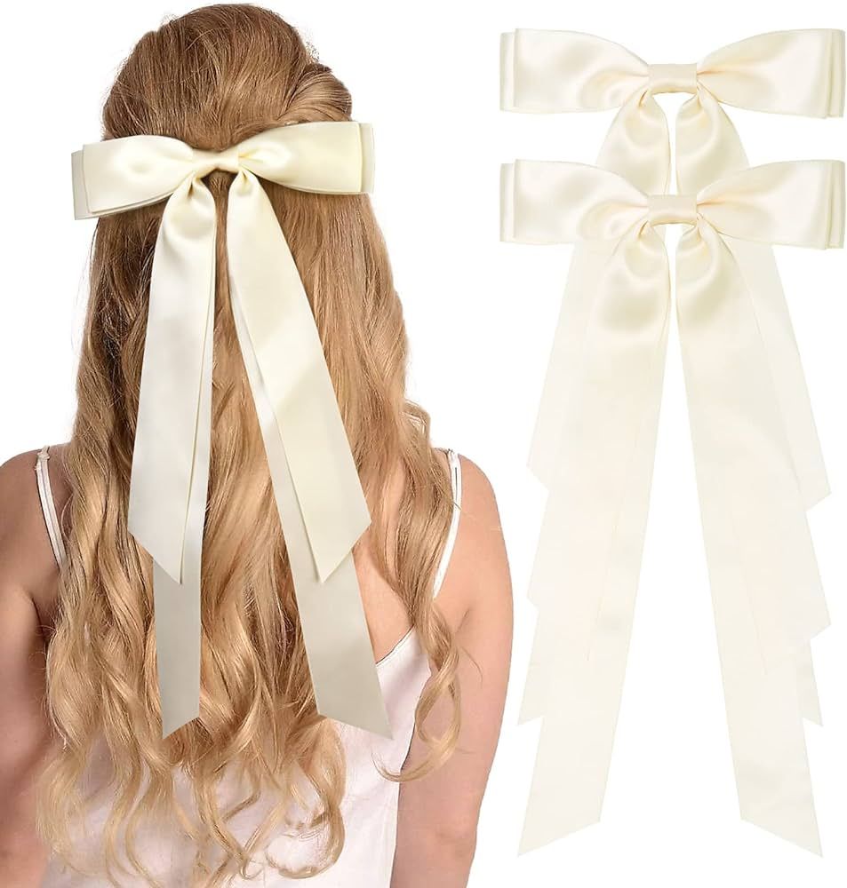 Large Satin Hair Bows Hair Ribbons for Women CEELGON 2PCS Big Long Ivory Ballet Style Hair Bows F... | Amazon (US)