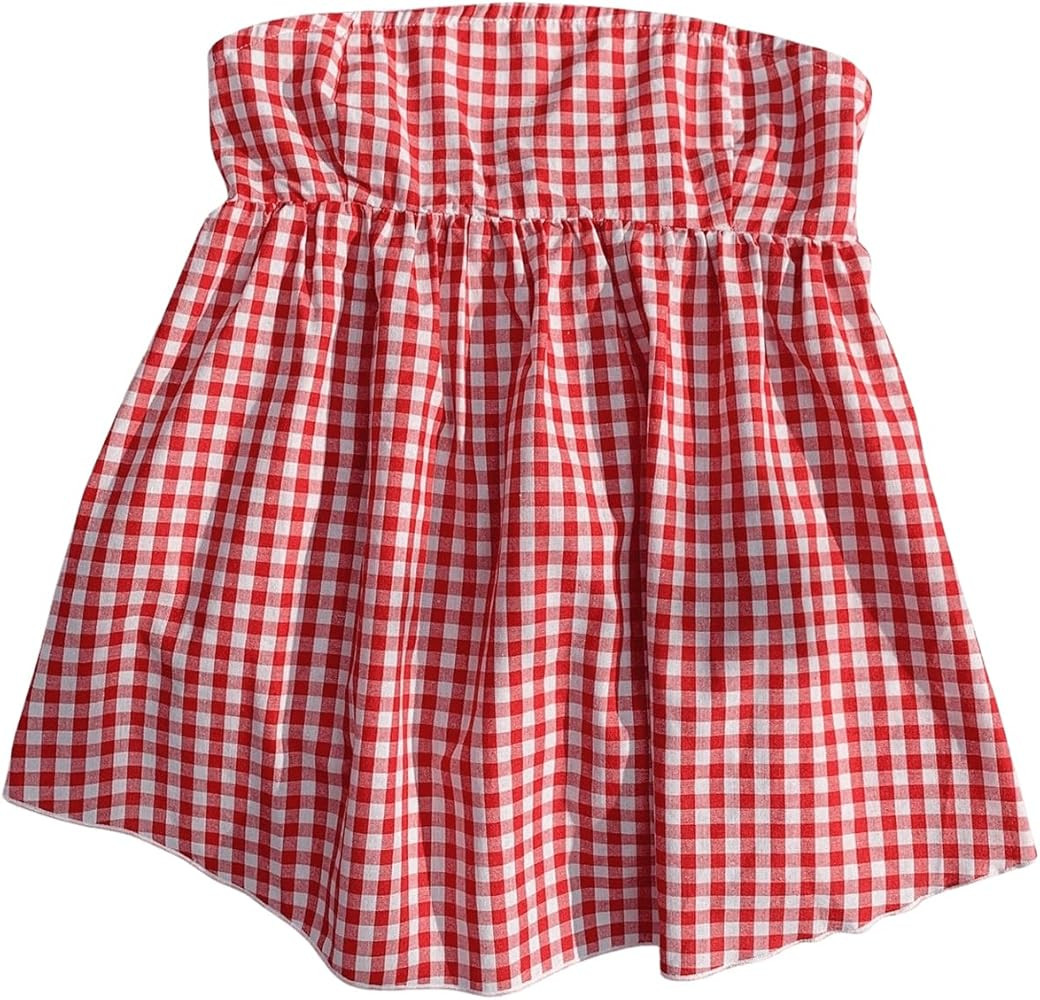 OYOANGLE Women's Plaid Print Bandeau Top Strapless Ruffle Flowy Hem Cute Peplum Tube Tops | Amazon (US)