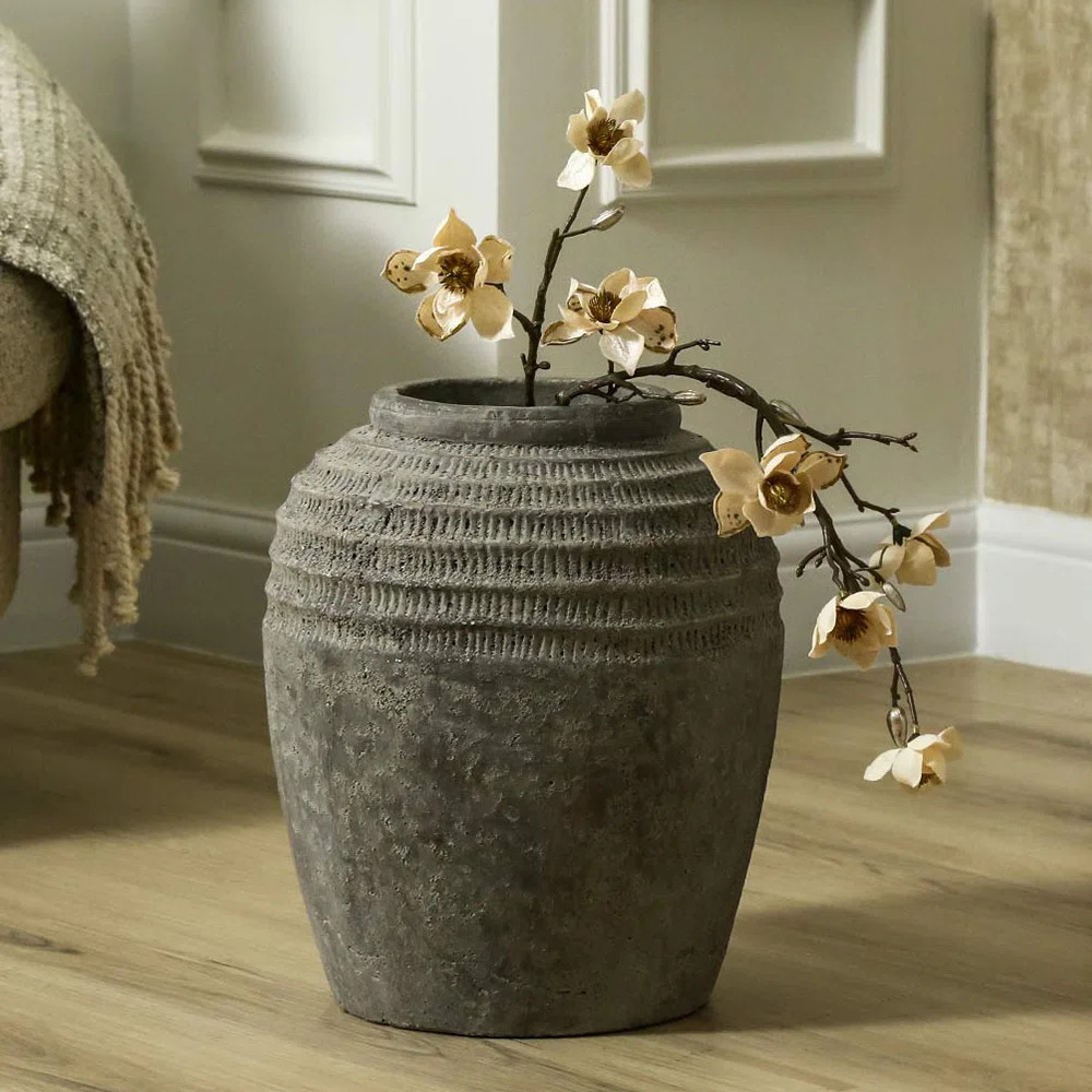 Aaryona 36cm Antique Dark Grey Terracotta Pot, Pottery Stone Finish Floor Vase for Living Room & ... | Wayfair UK
