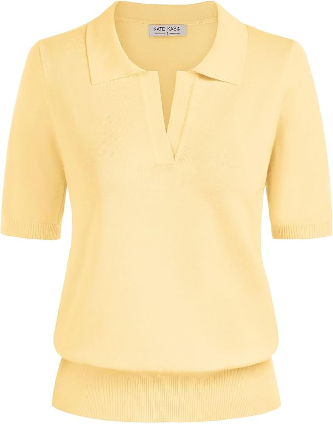 Kate Kasin Women Short Sleeve Polo Sweater V Neck Knitted Tops Casual Ribbed Shirt Loose Pullover... | Amazon (US)