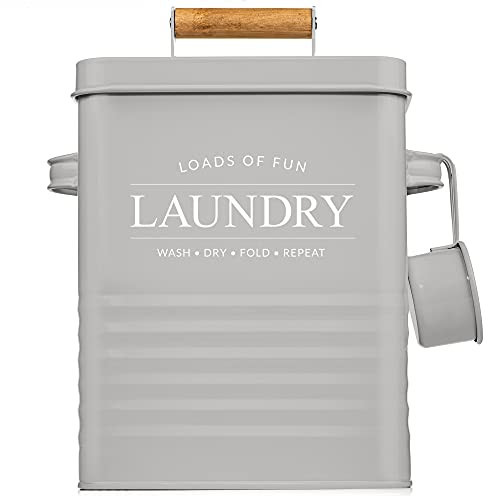 Calindiana Modern Farmhouse Metal Laundry Soap Dispenser Container Holder with Scoop for Laundry Room Decor and Space Saving Laundry Room Organization and Storage, Laundry Powder Container, Grey | Amazon (US)