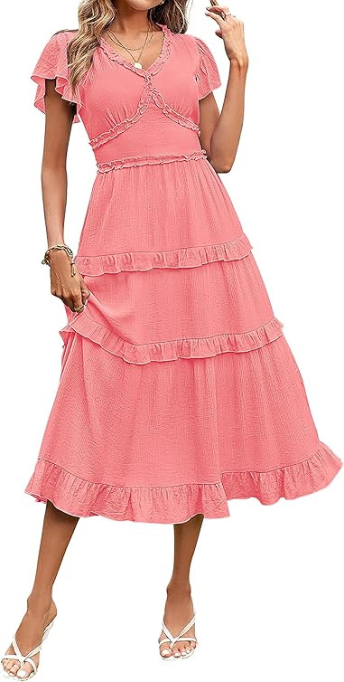 MEROKEETY Womens 2023 Summer Casual V Neck Flutter Sleeve High Waist Ruffle Tiered Midi Dress | Amazon (US)