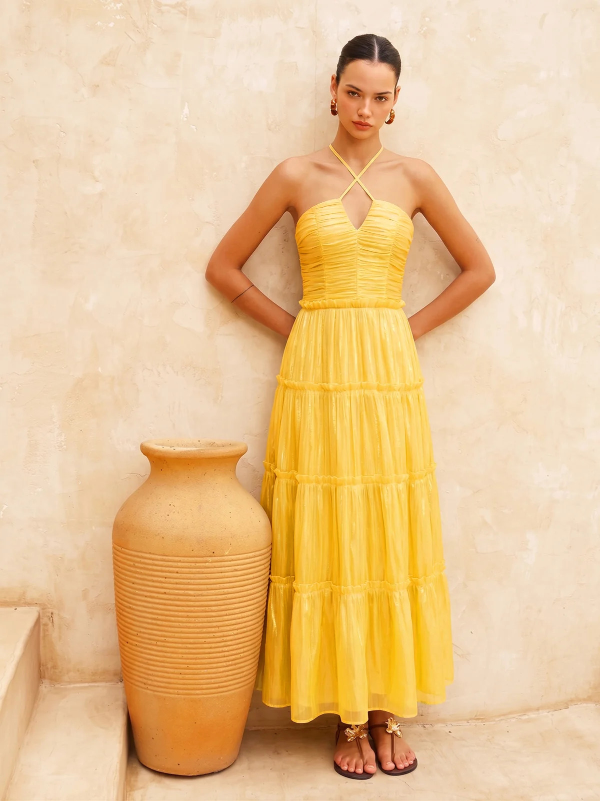 Halter Ruched Tiered Maxi Dress | Commense