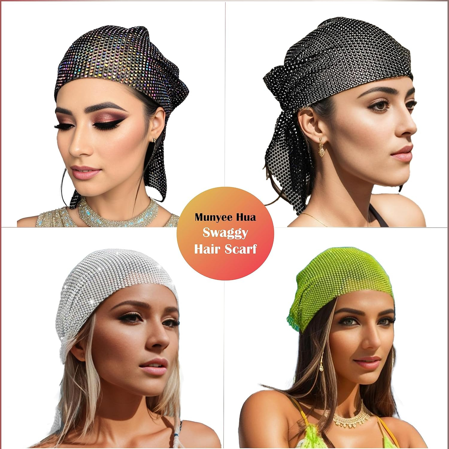 Munyee Hua White Rhinestone Head Scarf for Women Bling Sparkly Hijab Stretchy Rave Turban Hat Handmade Rave Headband | Amazon (US)