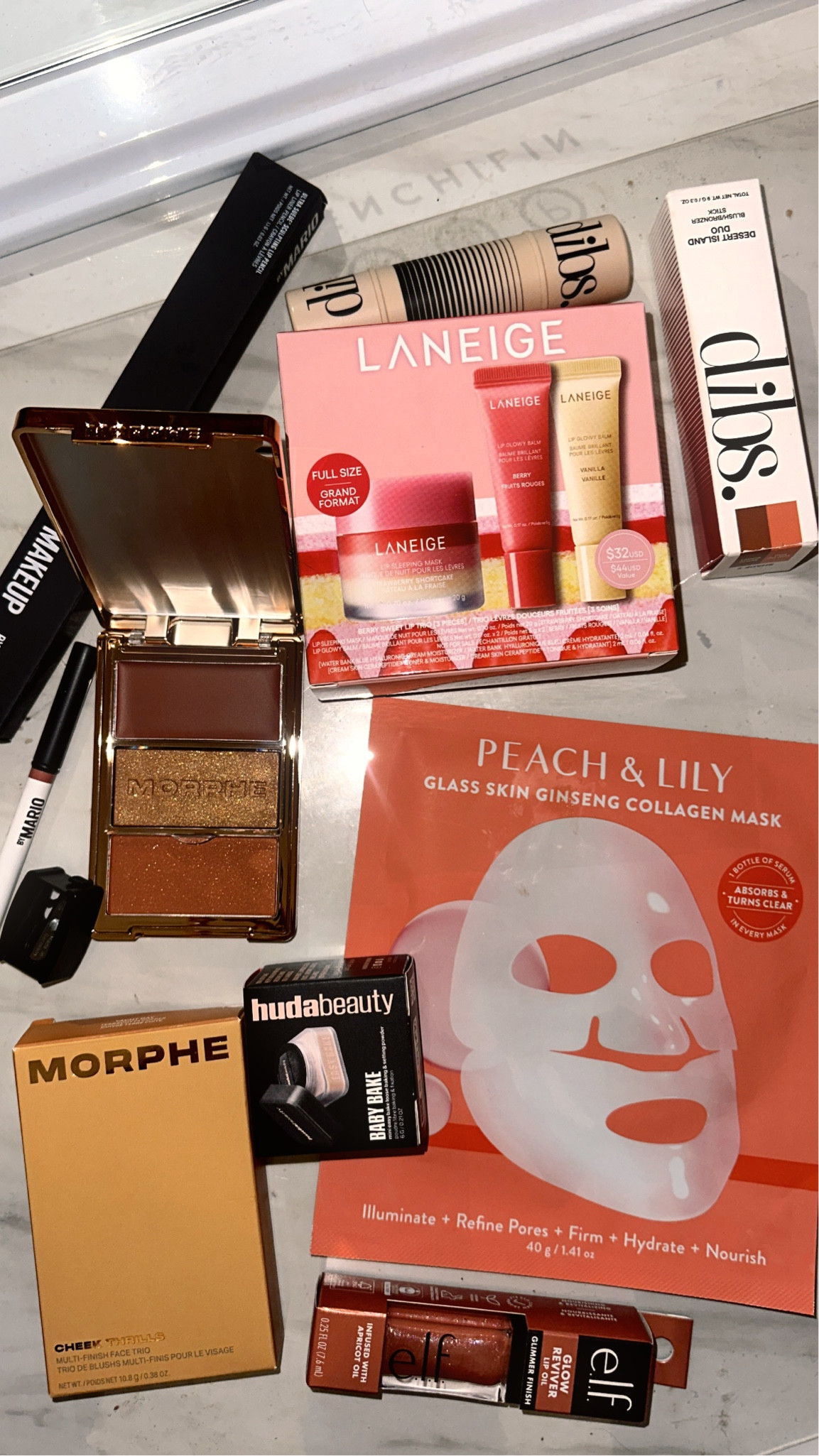Makeup restock haul
- Morphe blush trio w/ a cream, powder, and highlight
- laneige mask and lip balm trio in strawberry vanilla
- makeup by Mario lip liner
- dibs blush and contour stick duo
- huda setting powder in sugar cookie and pound cake 

