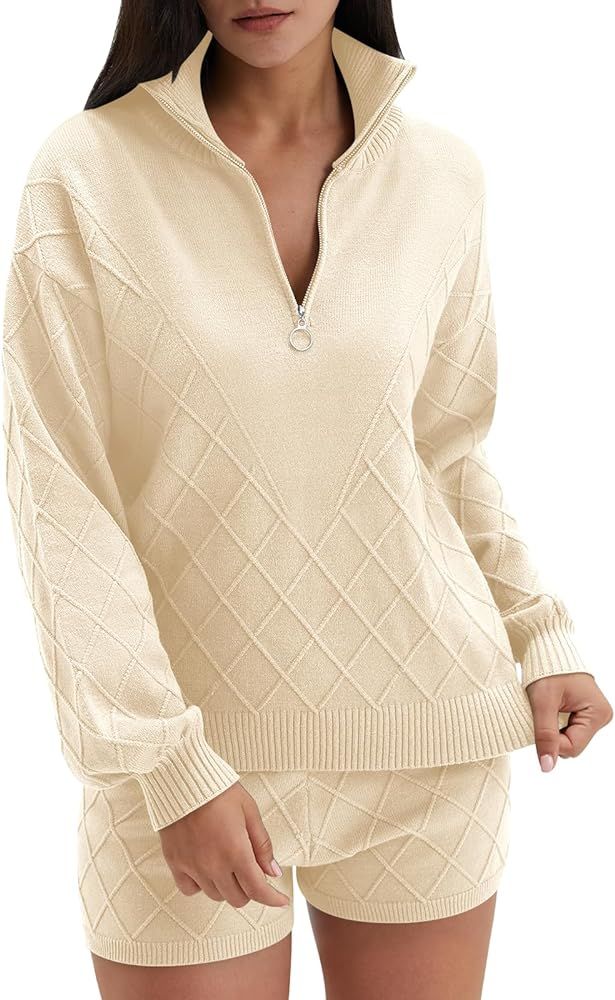 Women's 2 Piece Outfits Sweater Set Half Zip Cable Knit Collar Long Sleeve Pullover Top and Short... | Amazon (US)