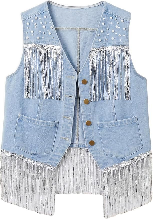 Ladyful Denim Fringe Vest Top Womens Cowgirl Western Outfits Jean Vest Pearl Sparkle Sequin Light... | Amazon (US)