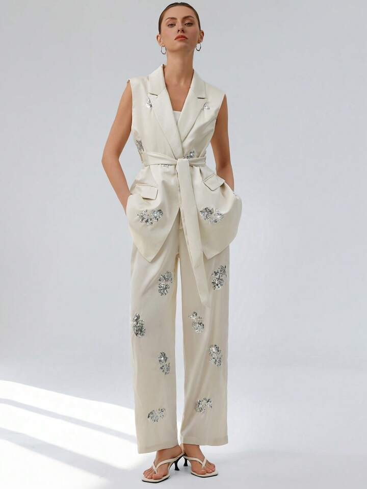 Aveloria Modichic El conjunto elegante de chaleco, chaqueta y pantalón con satén, lentejuelas p... | SHEIN