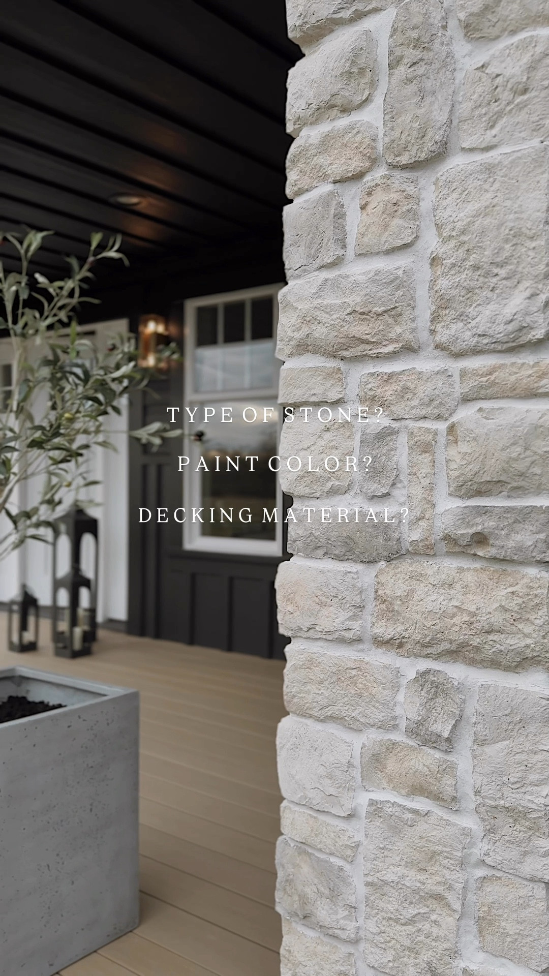 |exterior details| 
STONE: Eldorado RoughCut in the color “Casa Blanca” 
GROUT: Prism grout in the color “Snow White” 
PAINT COLOR: Benjamin Moore Aura paint in the color “Blacktop” 
DECKING MATERIAL: Timbertech composite decking in the color “Natural White Oak”
FAUX TREES: Amazon (linked below)
PLANTERS: Pottery Barn (linked below)
BRASS NUMBERS: CB2 (linked below)

#LTKHome #LTKWatchNow #LTKSpringSale