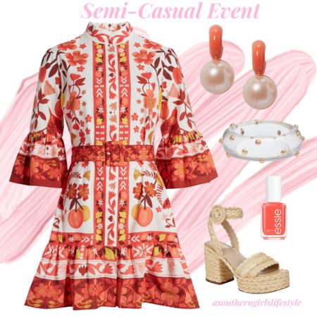 Graduation, Party, Mother’s Day .. Semi-Casual Special Occasion 

New Farm Rio Orchard Print Shirtdress, Enamel Pearl Earrings, Lucite Gold Dot Bangle Bracelet, Orange Nail Polish & Raffia Platform Sandals 

Spring Dress. Spring Outfit. Summer Outfit 

#LTKStyleTip #LTKSeasonal