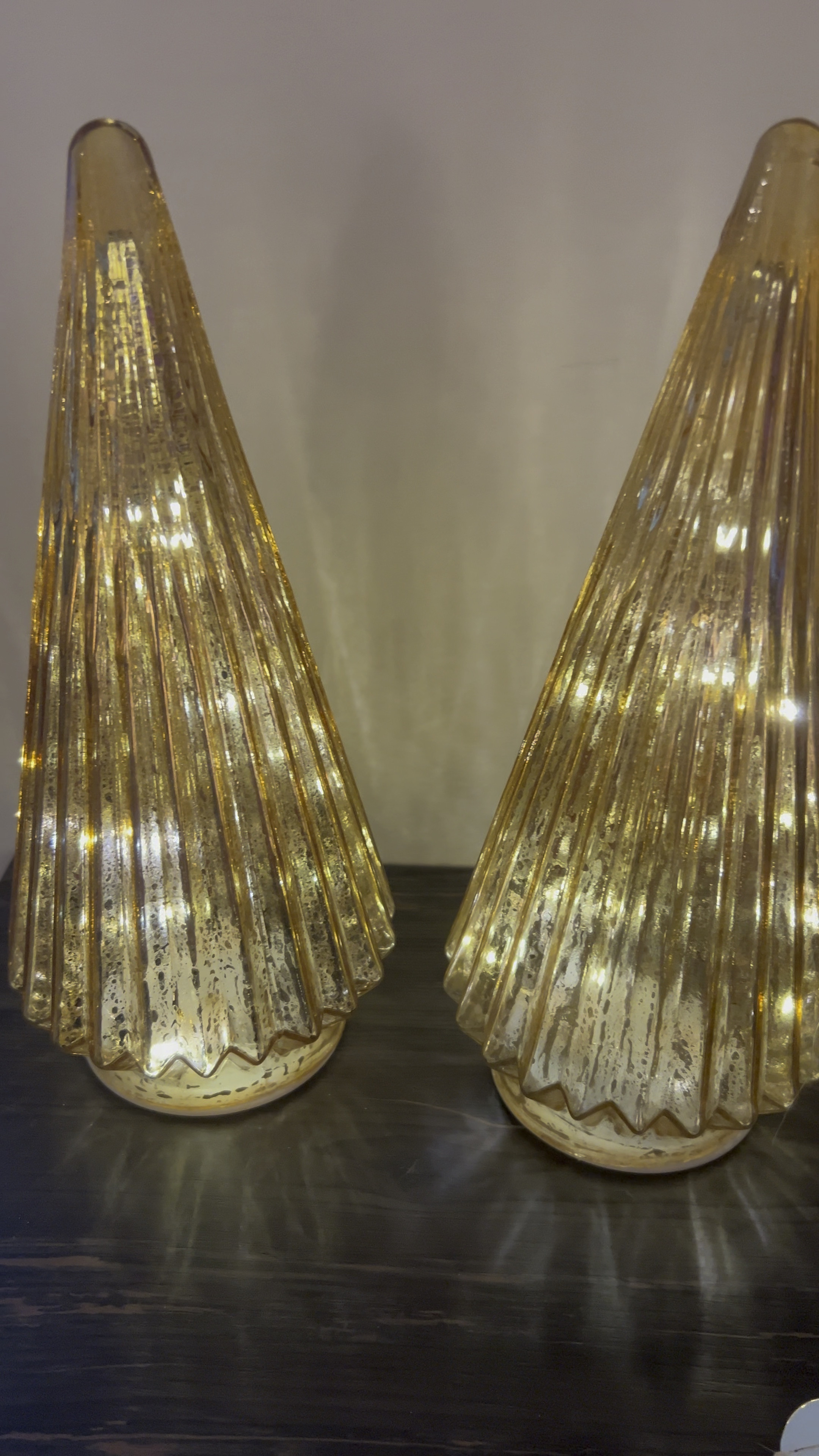Christmas decorations from Amazon! Set of 2, gold glass Christmas trees that light up. Warm cozy holiday glow. Tabletop decorations. #founditonamazon #LTKVideo

#LTKFindsUnder50 #LTKHoliday #LTKHome