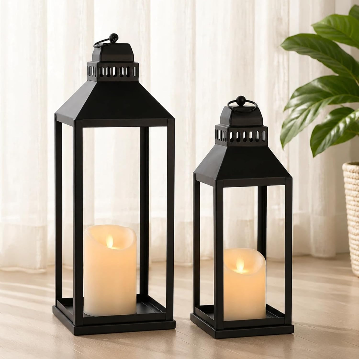 Decorative Lanterns Indoor Outdoor, 2Pcs 17" 13" Black Lantern with Candles | Amazon (US)