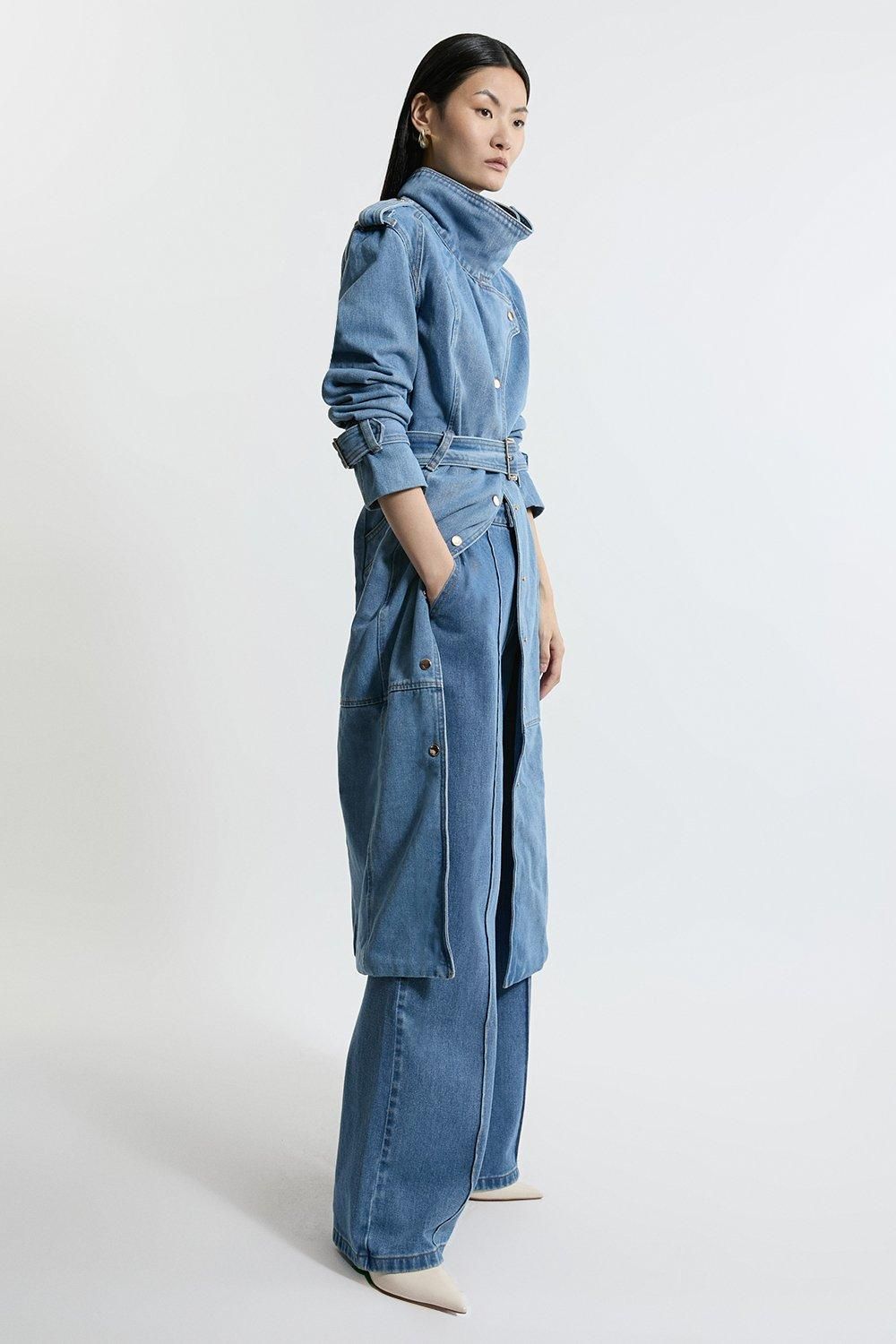 Denim Funnel Neck Belted Maxi Coat | Karen Millen US