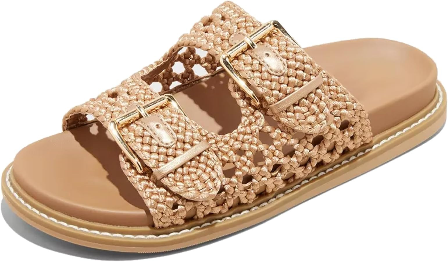 Women Raffia Woven Slide Sandals Open Toe Comfort Slip On Flats Backless Mules with Double Buckle... | Amazon (US)