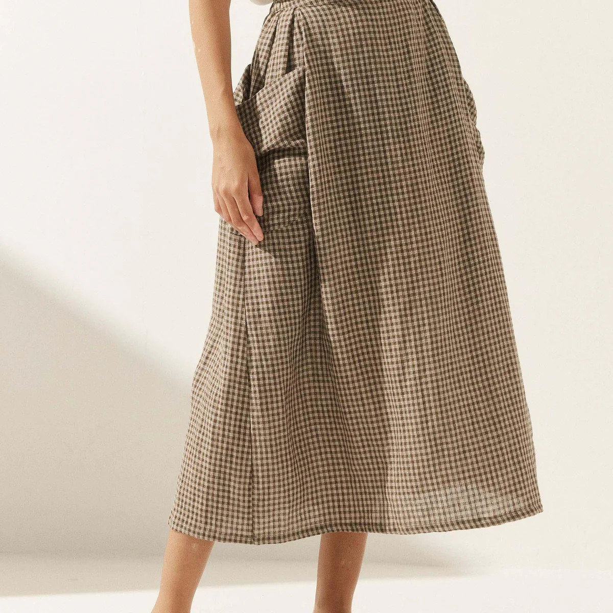 Linen Checked Elastic Waist Skirt ONYX | LINTICO