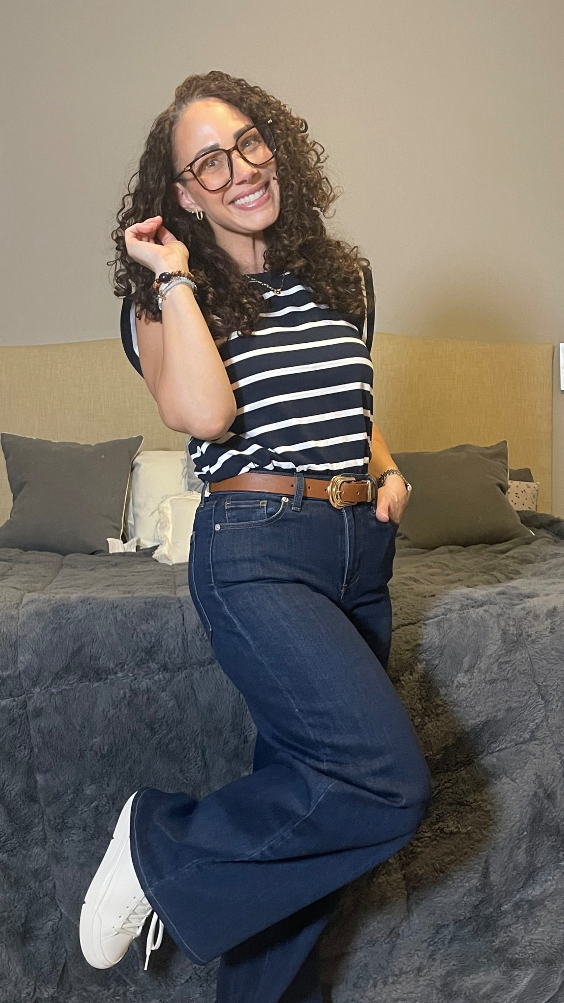 Navy stripes and high waisted wide leg jeans with my new favorite white sneakers!  Spring refresh 

#LTKmomlife #LTKOver40 #LTKMidsize