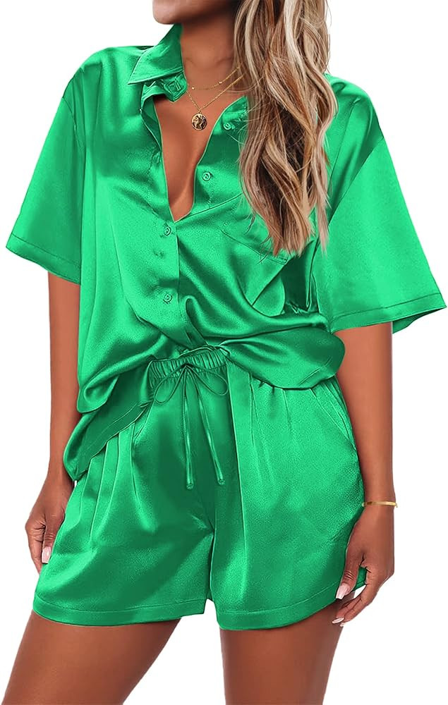 Ekouaer Pajamas for Women Silk Soft Sleepwear Short Sleeve Button Down Pjs Satin Top and Shorts 2... | Amazon (US)