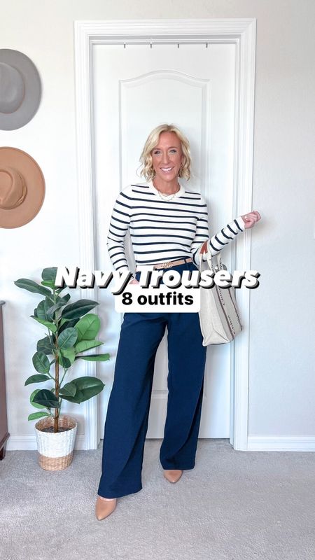 Navy Trousers, 8 ways:
• navy trousers - size 2 (regular length).
1. White button down - size small.
2. White t-shirt - size small.
3. Grey sweater - size small.
4. Striped sweater - size small. 20% off.
5. Pattern cardigan - size small.
6. Lilac cardigan - size extra small. 50% off // floral graphic t-shirt - size small. 50% off. 
7. Cream jacket - size small (lightweight and rather flowy).
8. Jean jacket - size small // eyelet t-shirt - size small. 70% off  
* nude pumps - tts and comfortable.
* sneakers - tts and has arch support. 


#LTKsalealert #LTKstyletip #LTKVideo
