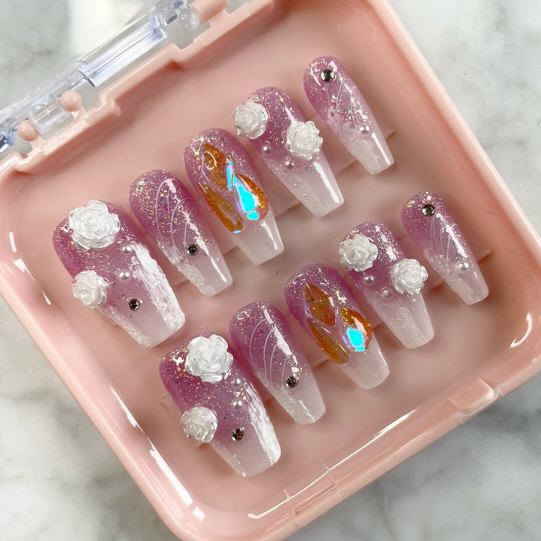 Pink Glitter Press On Nails with 3D Flowers and charms, Coffin Pink and White Nails, Pink Glitter... | Etsy (US)