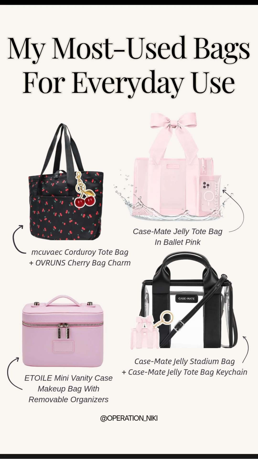 Upgrade your daily carry with My Most-Used Bags for Everyday Use from Amazon. 👜✨ Whether I’m heading to work, the gym, or a stadium event, having a versatile handbag collection is key to staying stylish and organized.

I am currently obsessed with the mcuvaec Corduroy Tote Bag for a casual vibe and the Case-Mate Jelly Tote for a chic, waterproof option. Don’t forget the ETOILE Mini Vanity Case—it’s a game-changer for keeping your beauty essentials organized inside your larger bags! 💄☁️

Follow for more @OPERATION_NIKI on IG, TikTok, & Facebook

#AmazonBags #HandbagHaul #EverydayStyle #AmazonFashion #BagCollection #ToteBagStyle #OperationNiki #AmazonFinds #OrganizedLife #StyleInspo #VanityCase #StadiumApproved #FashionEssentials 

 #LTKBeauty #LTKTravel