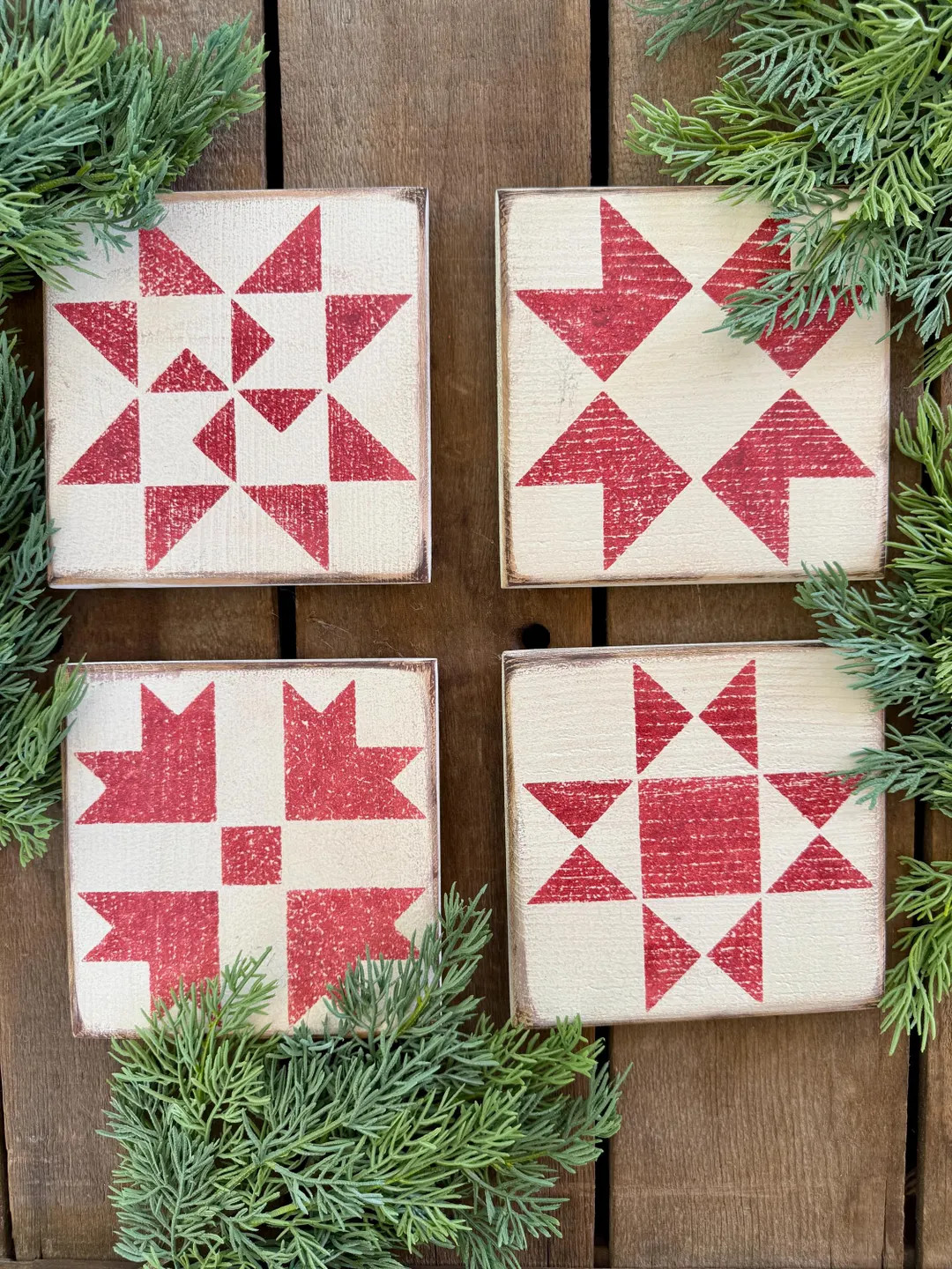 Made-to-order Barn Quilt Block: 6" X 6", White With Red Stencil, Individual, Rustic Shelf Sitter,... | Etsy (Global)