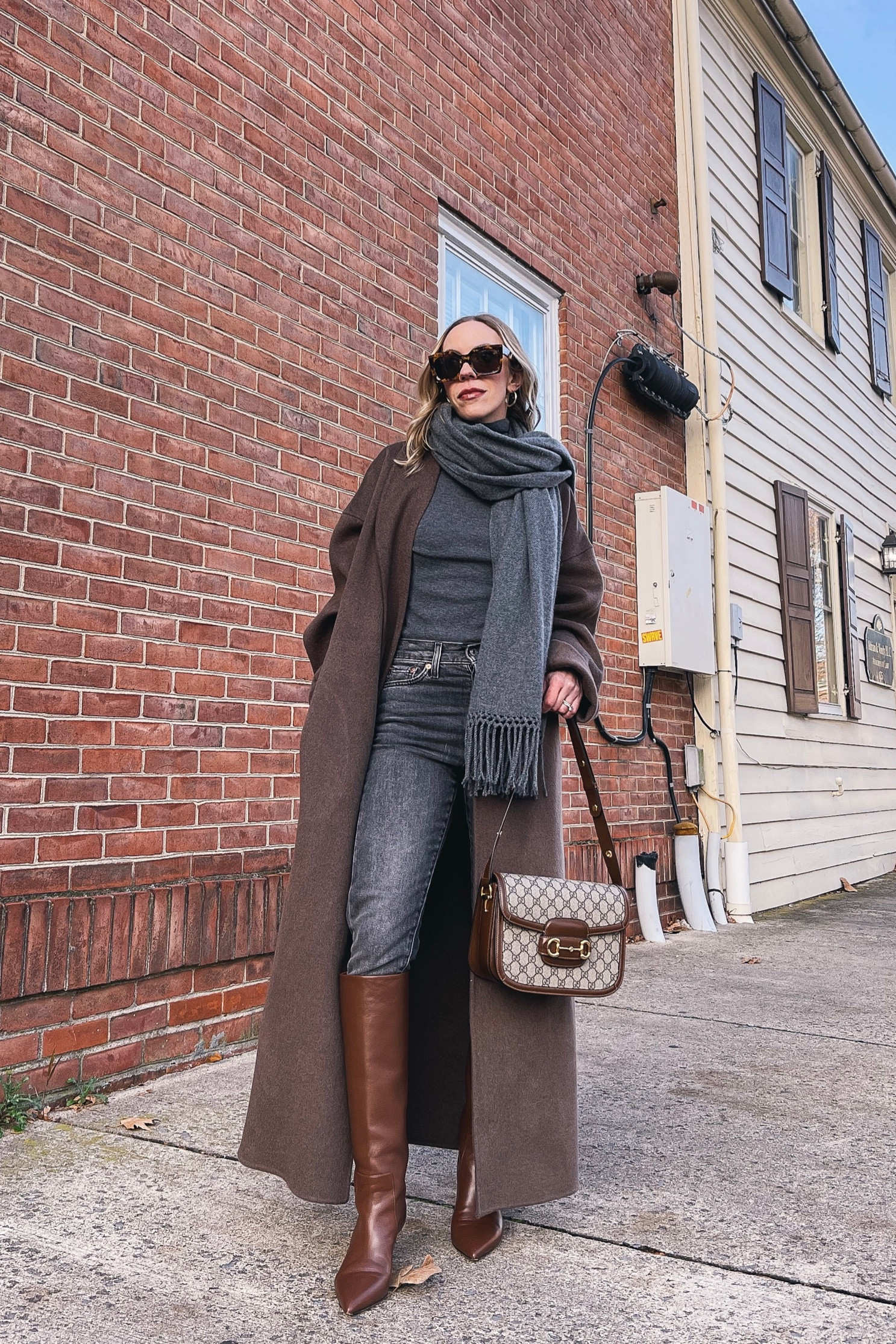 Brown coat outfit, chocolate brown, gray scarf, brown knee high boots, neutral winter outfit 

#LTKSeasonal #LTKshoecrush #LTKstyletip