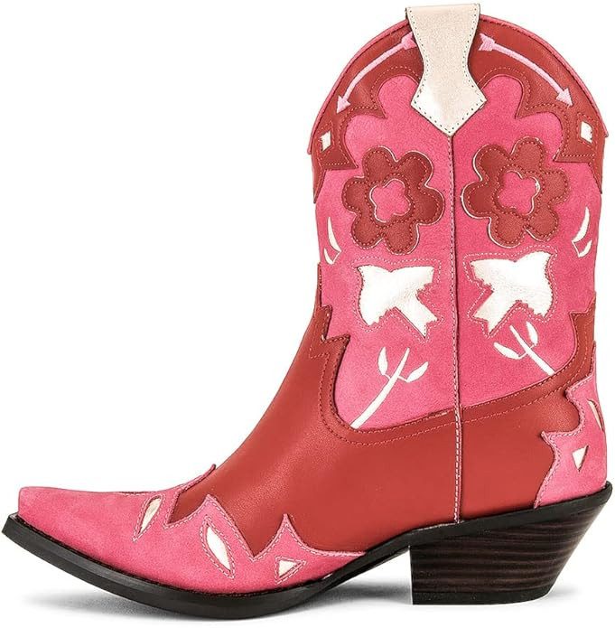 Mattiventon Embroidered Floral Snip Toe Boots Womens Vintage Ankle Cowboy Boots Stacked Heel West... | Amazon (US)