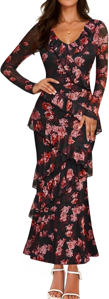 ZESICA Women's Fall Floral Long Sleeve Maxi Dress 2025 Boho Bodycon V Neck Ruffle Wedding Party L... | Amazon (US)