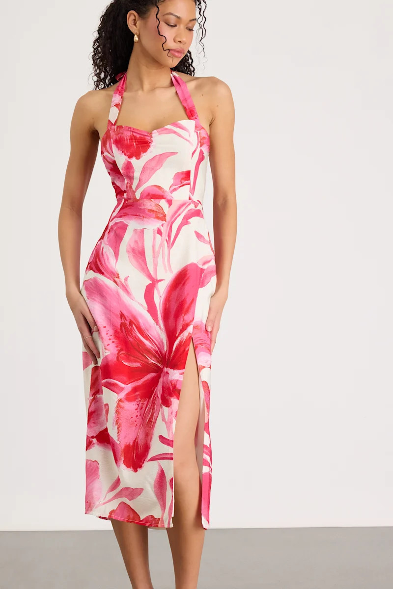 Leilanna Hot Pink Multi Floral Print Halter Midi Dress | Lulus