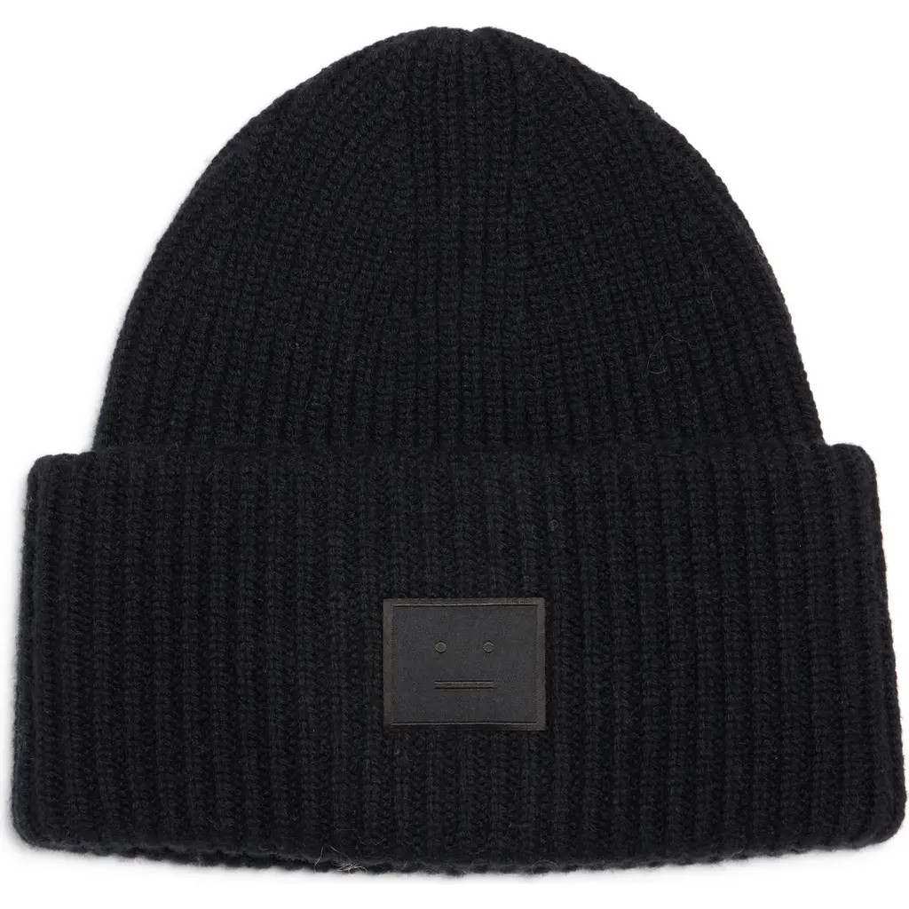 Acne Studios Pansy Face Patch Wool & Yak Hair Blend Beanie in Black at Nordstrom | Nordstrom