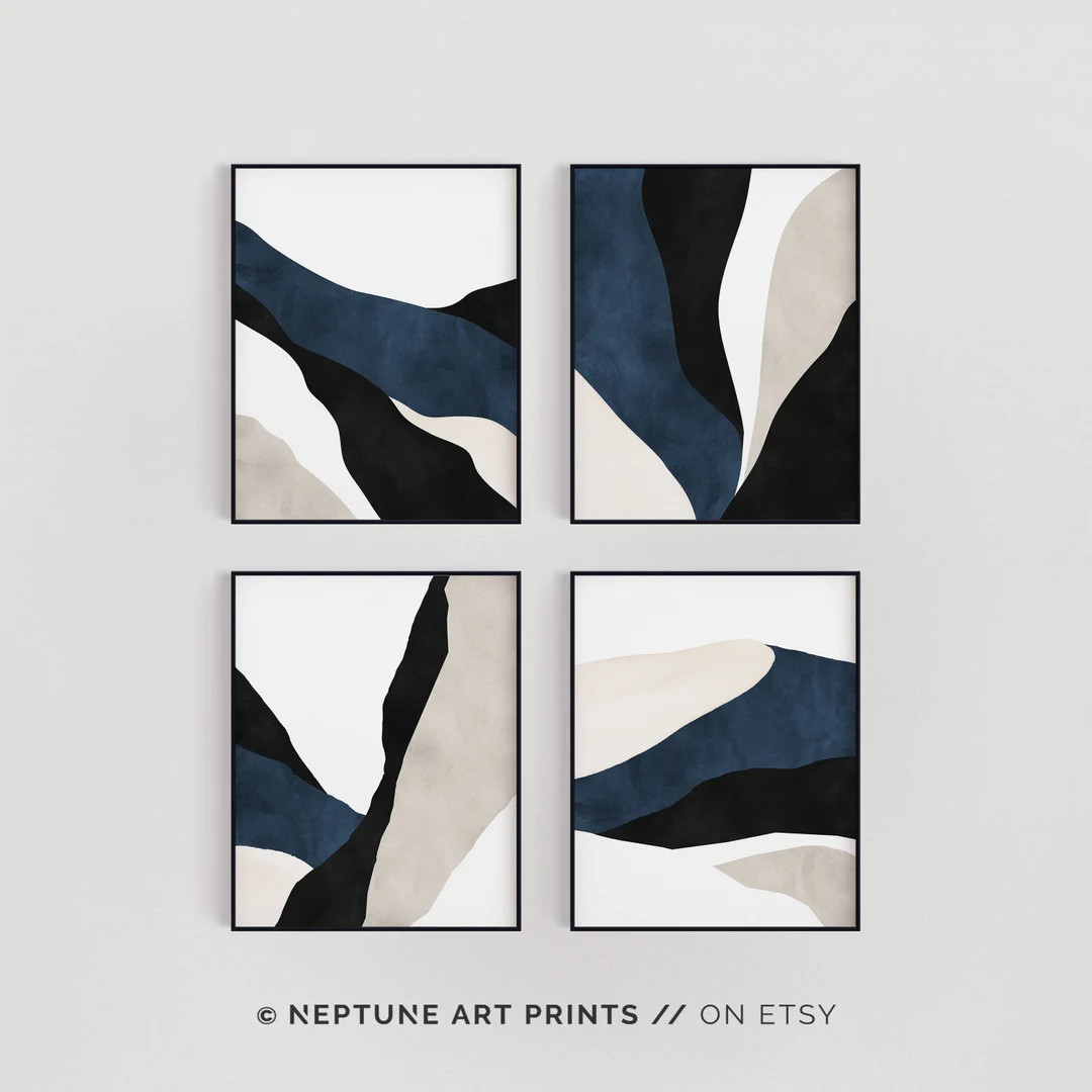 Abstract Blue Wall Art, Large Painting Art, Bedroom Wall Art, Navy Blue Wall Art, Set of 4 Piece ... | Etsy (US)