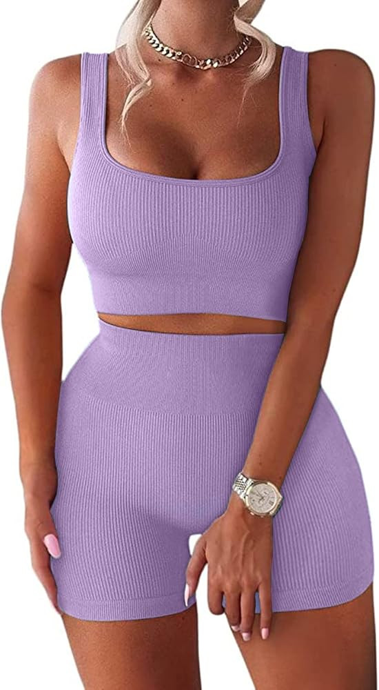 Ribbed Workout Sets for Women 2 Piece Gym Outfits Crop Tops High Waist Running Shorts Yoga Active... | Amazon (US)
