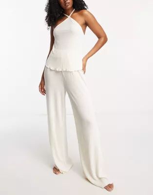 Loungeable crinkle velour halter and wide leg pants pajama set in ivory | ASOS (Global)