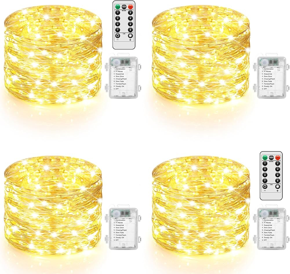 4 Pack 100 LED Fairy Lights Battery Operated with Timer & Remote, 33FT Waterproof Twinkle Lights ... | Amazon (US)