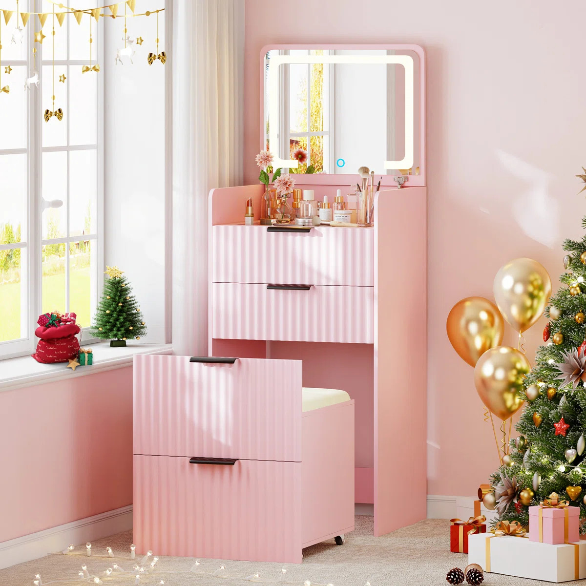 Compact Vanity Desk With Flip-up Led Mirror, Glass Drawer, And Hidden Stool Storage | Wayfair North America