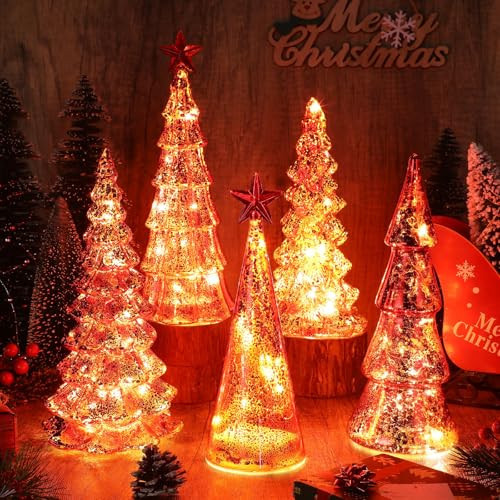 Soaoo 5 Pcs Mercury Glass Christmas Tree with LED Lights 10 Inch, Red | Amazon (US)