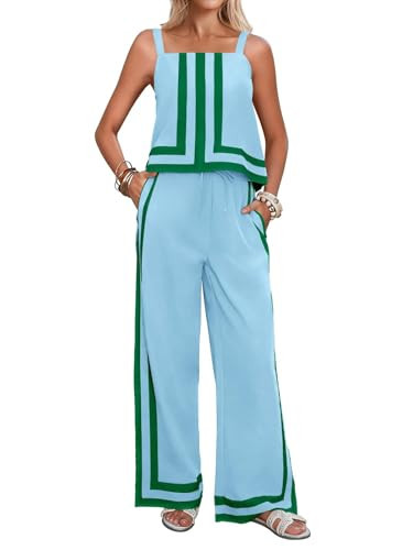 Tankaneo Womens 2 Piece Lounge Set Summer Casual Color Block Cami Top Wide Leg Pants Set Beach Vacation Outfits | Amazon (US)