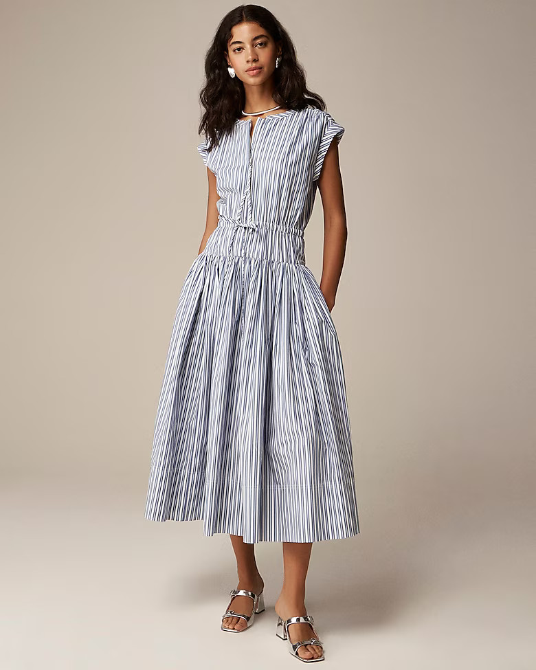 Drop-waist midi dress in striped cotton poplin | J. Crew US